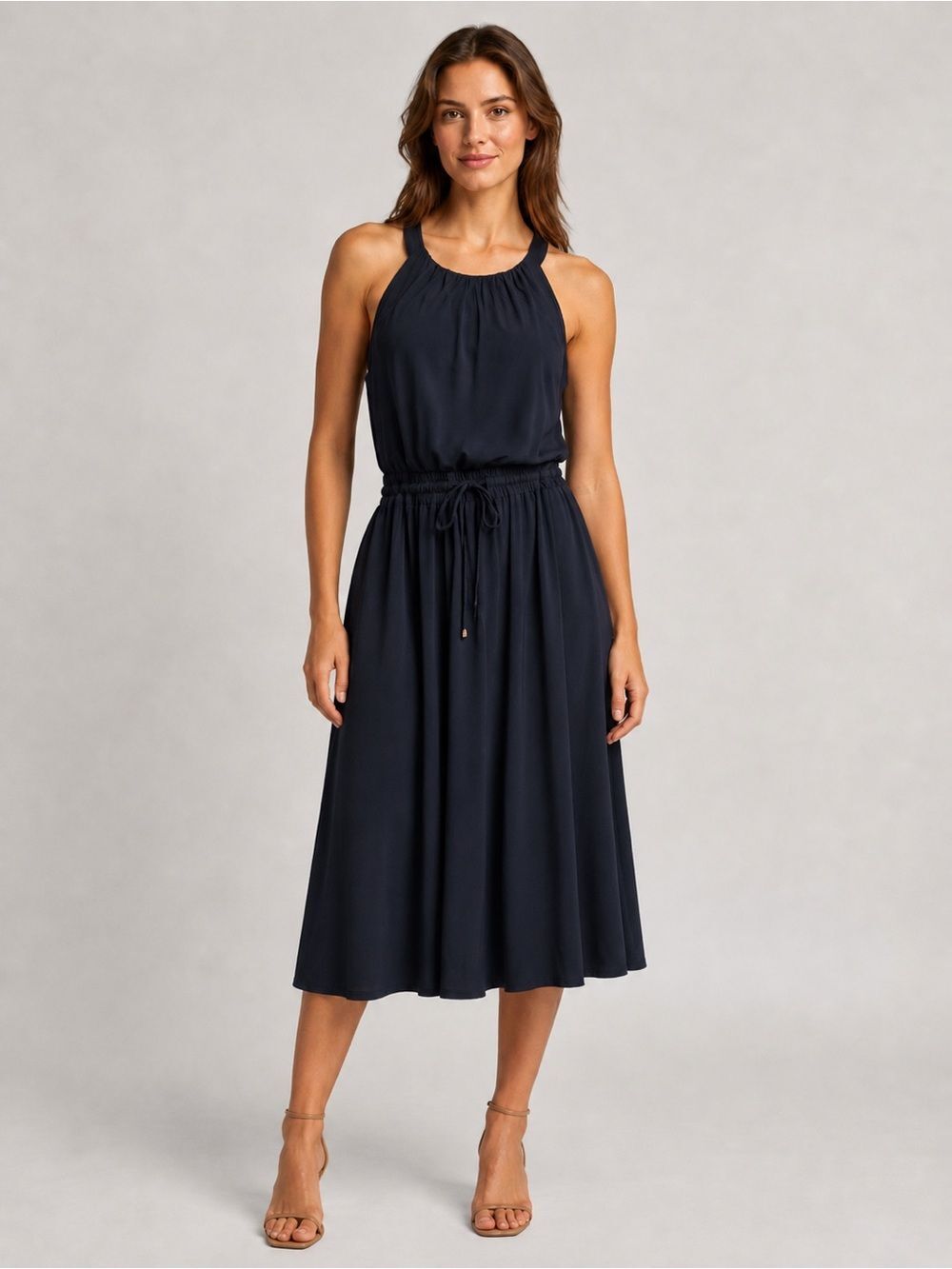 Tommy Hilfiger Halter Midi Dress Drawstring Elastic Waist Stretch Navy Blue 12